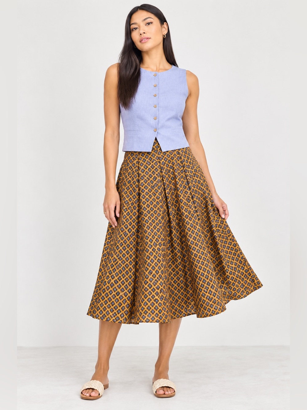TULIP B | Women’s A-Line Midi Skirt in Mustard Geometric Print